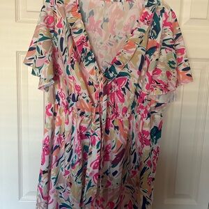 SHEIN Pink Multi Floral Ruffle V-Neck Maxi Dress